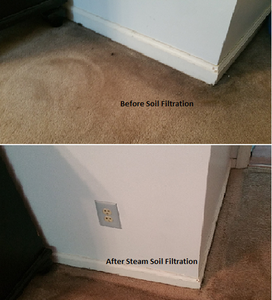 Dark soil filtration lines along a carpet edge